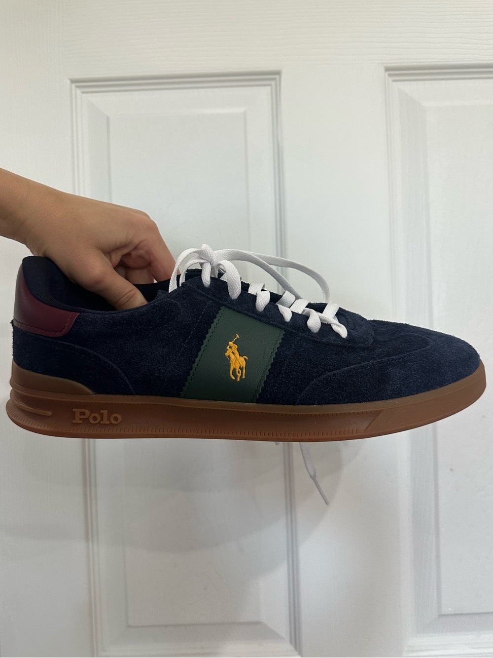 Polo by Ralph Lauren Navy Suede Sneaker with Green Panel & Yellow Logo - Picture 8 of 9